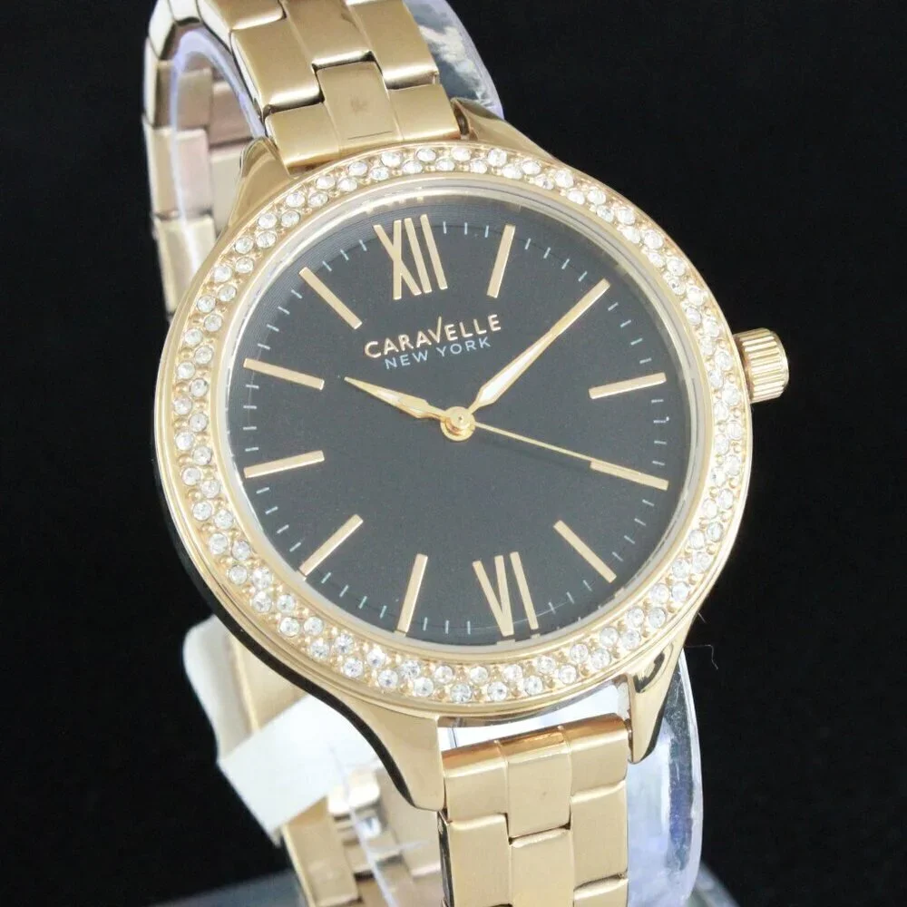 Caravelle New York Ladies Casual Watch Swarovski Crystal Bezel Gold Tone 37mm